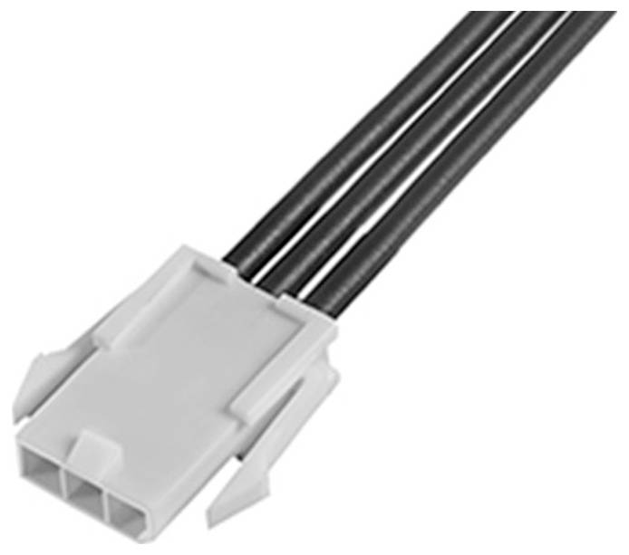 Biely konektor s tromi čiernymi káblami, ktorý sa používa na elektronické prepojenia.