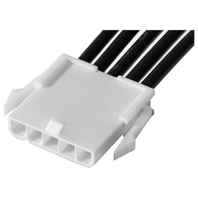 Biely, obdĺžnikový elektrický konektor so štyrmi čiernymi káblami, prepojený štyrmi kolíkovými kontaktmi.