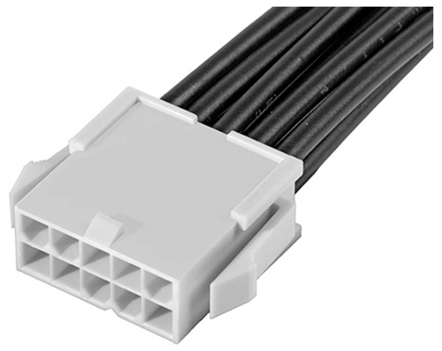 Biely, obdĺžnikový konektor s viacerými čiernymi káblami, ktorý sa často používa na elektrické pripojenia v počítačoch.