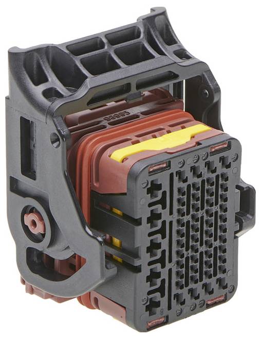 Čierno-červený elektronický modul konektora, obdĺžnikového tvaru, s viacerými pripojovacími otvormi, priemyselný dizajn.