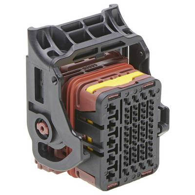Čierno-červený elektronický modul konektora, obdĺžnikového tvaru, s viacerými pripojovacími otvormi, priemyselný dizajn.