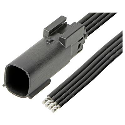 Čierny elektrický konektor so štyrmi otvorenými koncami drôtov, vhodný pre elektrické prepojenia a zapojenia.