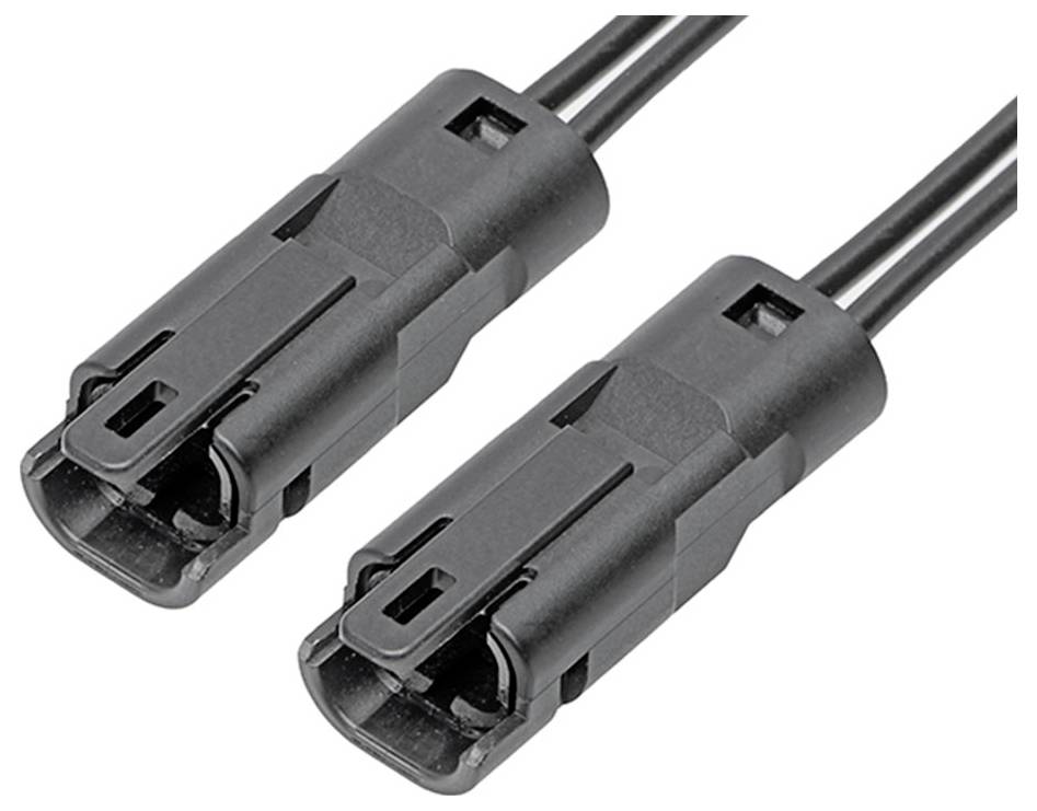 Dva čierne elektrické konektory s káblami.