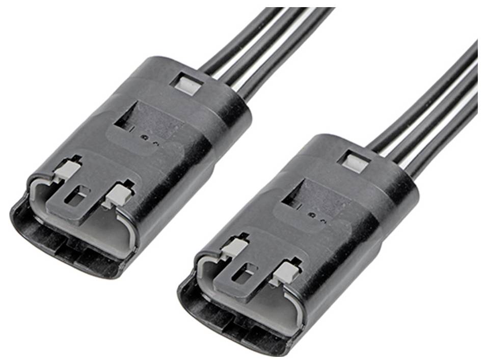 Dva čierne elektrické konektory s káblami, symetricky umiestnené vedľa seba, určené na prepojenie elektronických zariadení.