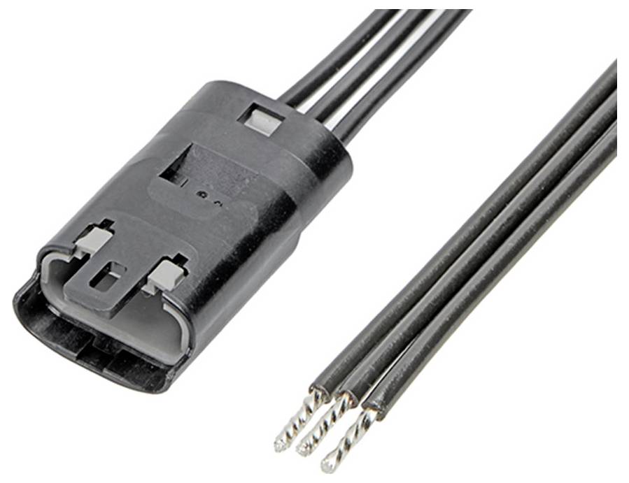 Čierny elektrický konektor s tromi vodičmi, zobrazený v detailnom zábere.