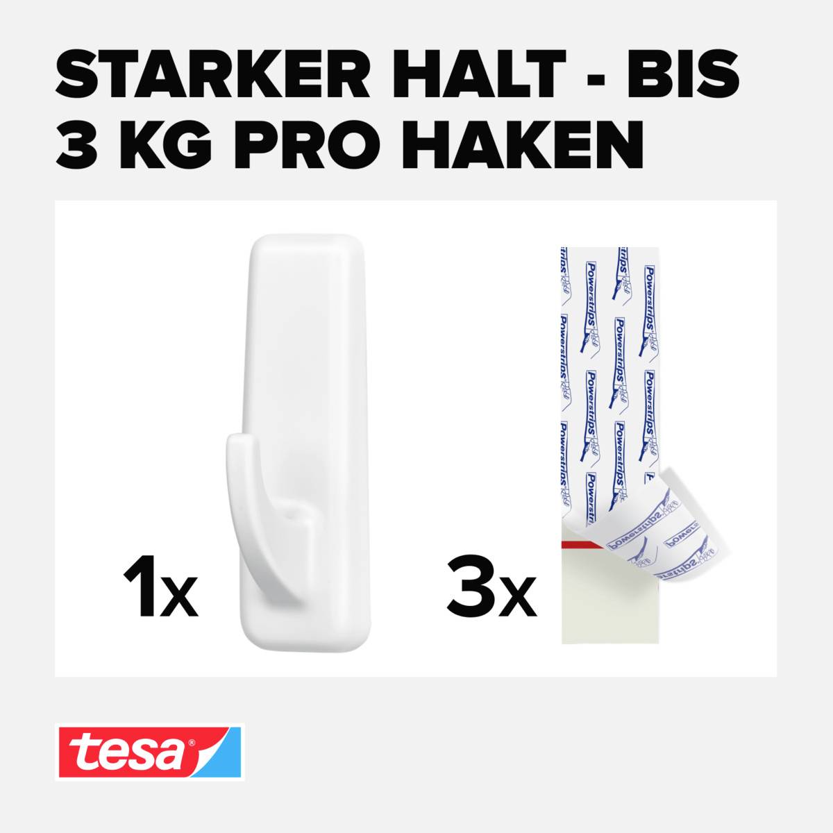 „Silný držiak - až do 3 kg na háčik" zobrazuje biely háčik a tri lepiacie pásky. Dole je logo tesa.