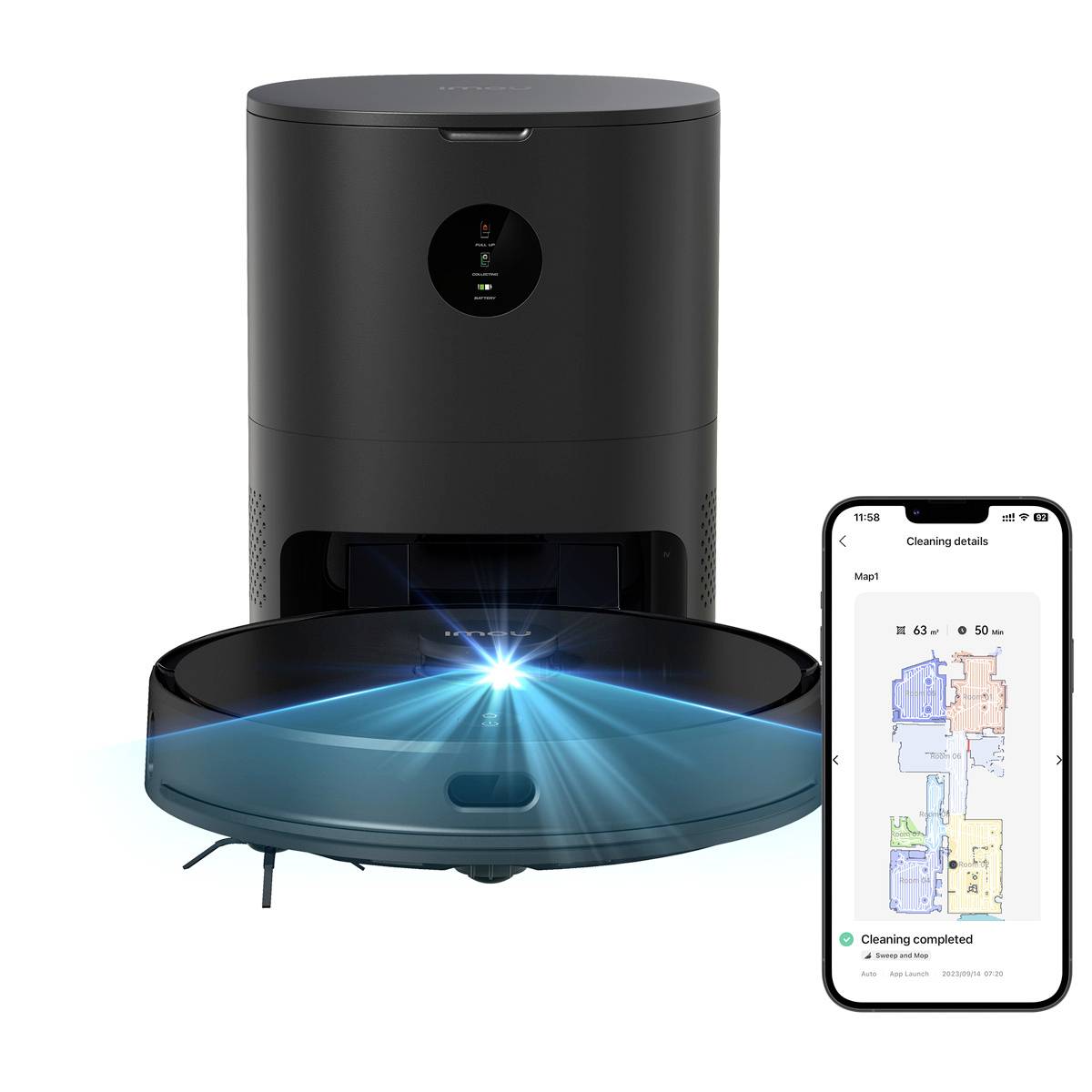 Robotický vysávač s nabíjacou stanicou a mobilnou aplikáciou, ktorá zobrazuje mapu vyčistených priestorov.