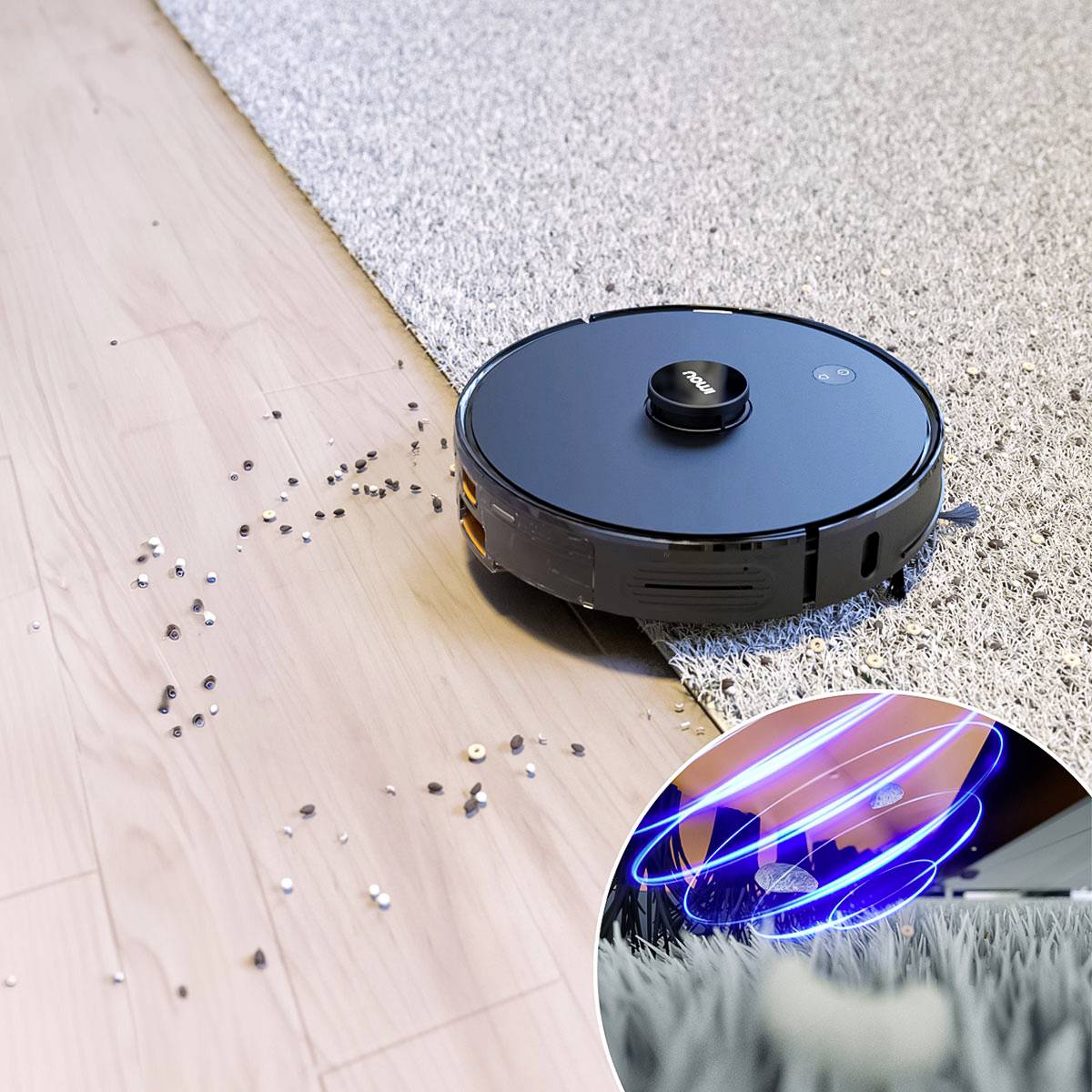 Robotický vysávač na drevenej podlahe prejde na koberec, pričom zbiera nečistoty. Počas použitia je zobrazený laserový systém.