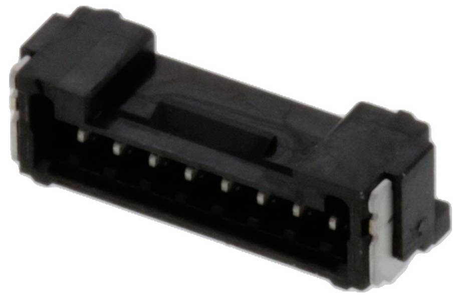 Čierny konektor pre elektronické zariadenia, položený horizontálne s viacerými viditeľnými kontaktnými kolíkmi.