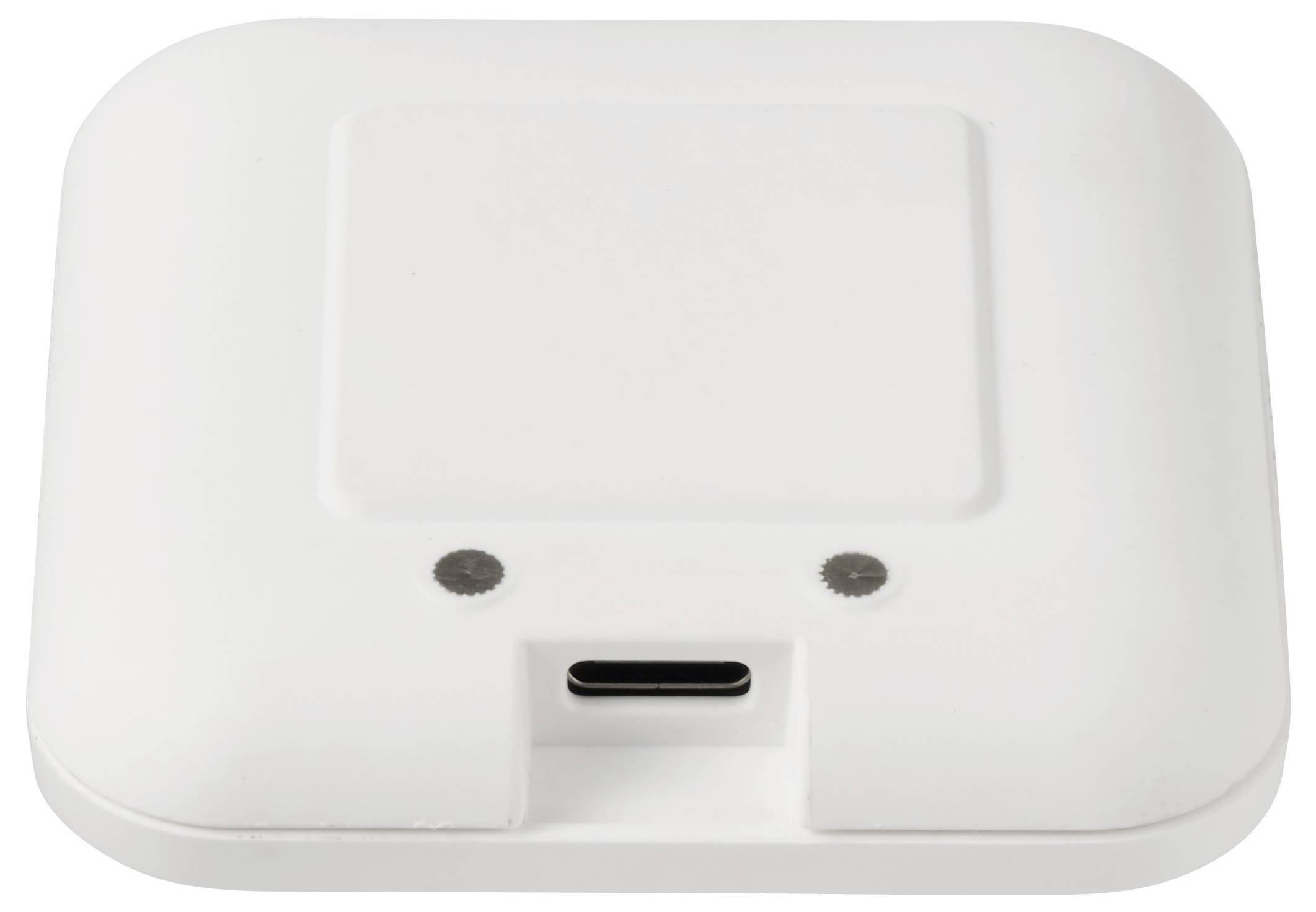 Štvorcové biele zariadenie s USB-C portom uprostred. Dizajn je jednoduchý a minimalistický.