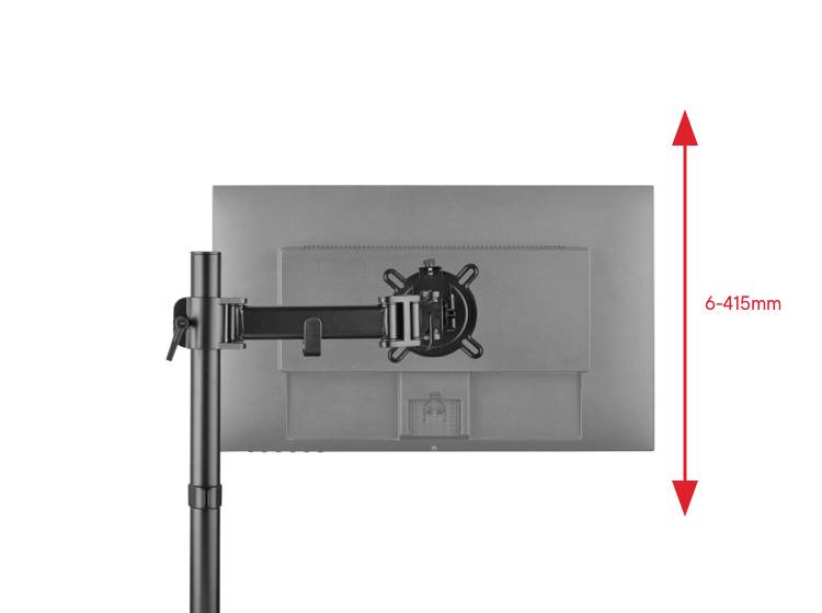 Držiak monitora ukazuje nastaviteľnosť výšky od 6 do 415 mm; pohľad zozadu, monitor vodorovne pripevnený na ramene.