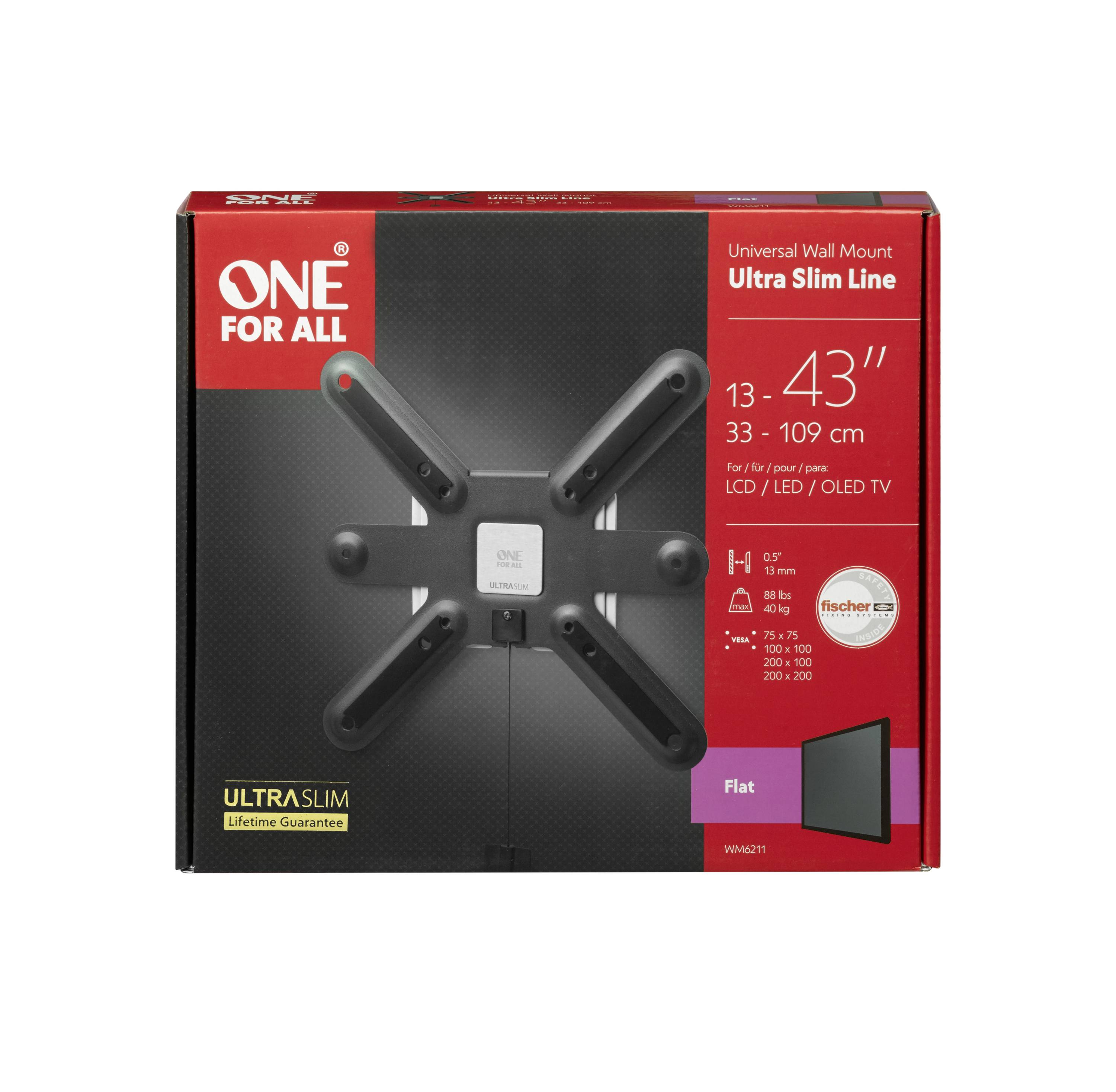 Držiak na stenu 'One For All' pre obrazovky s uhlopriečkou 13-43 palcov. Ultratenko dizajn, vhodný pre LCD/LED/OLED televízory. Súčasťou balenia je montážne príslušenstvo.