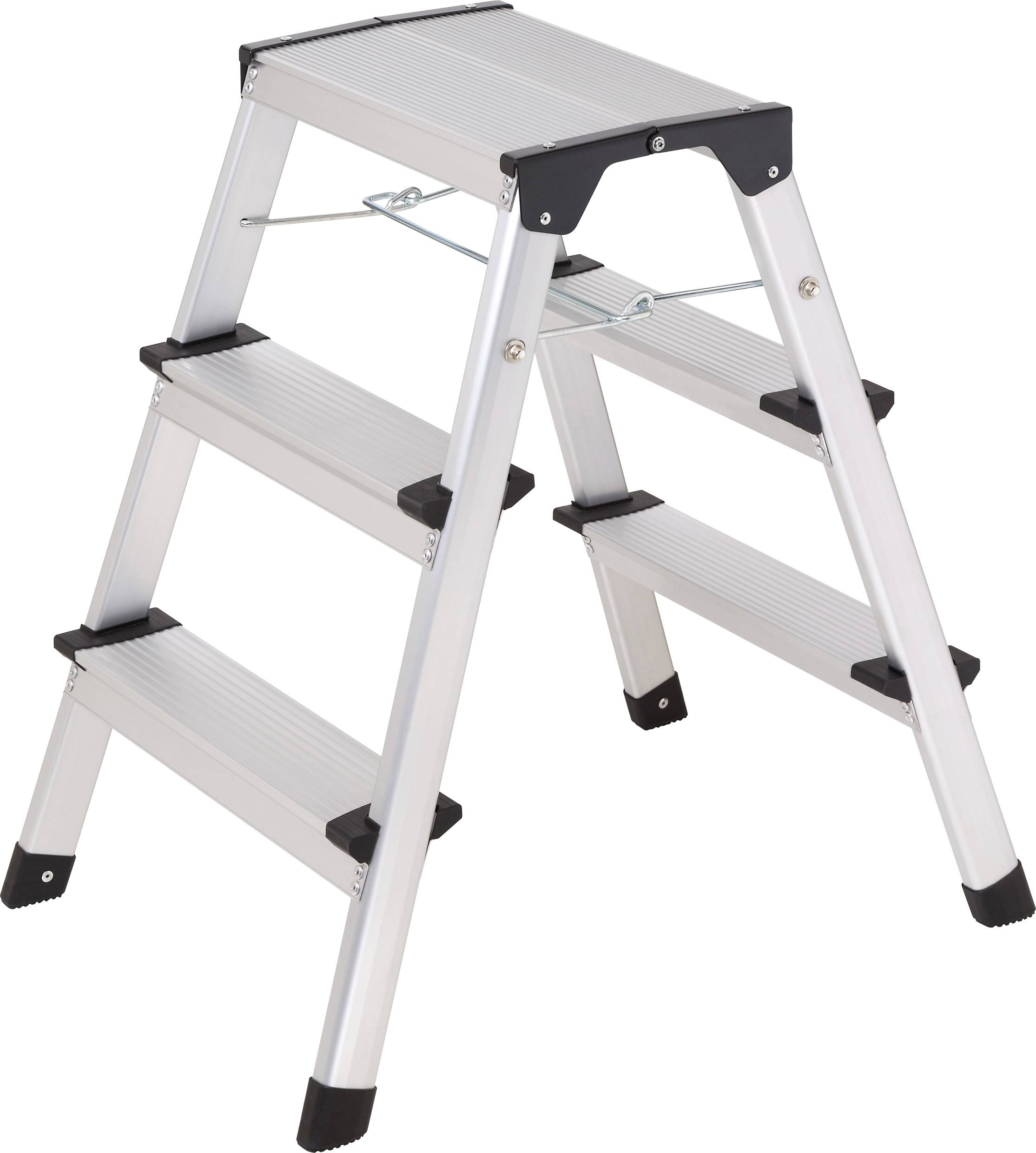 Sklápací hliníkový rebrík s tromi stupňami na každej strane, vhodný pre vnútorné priestory a jednoduché práce vo výške.