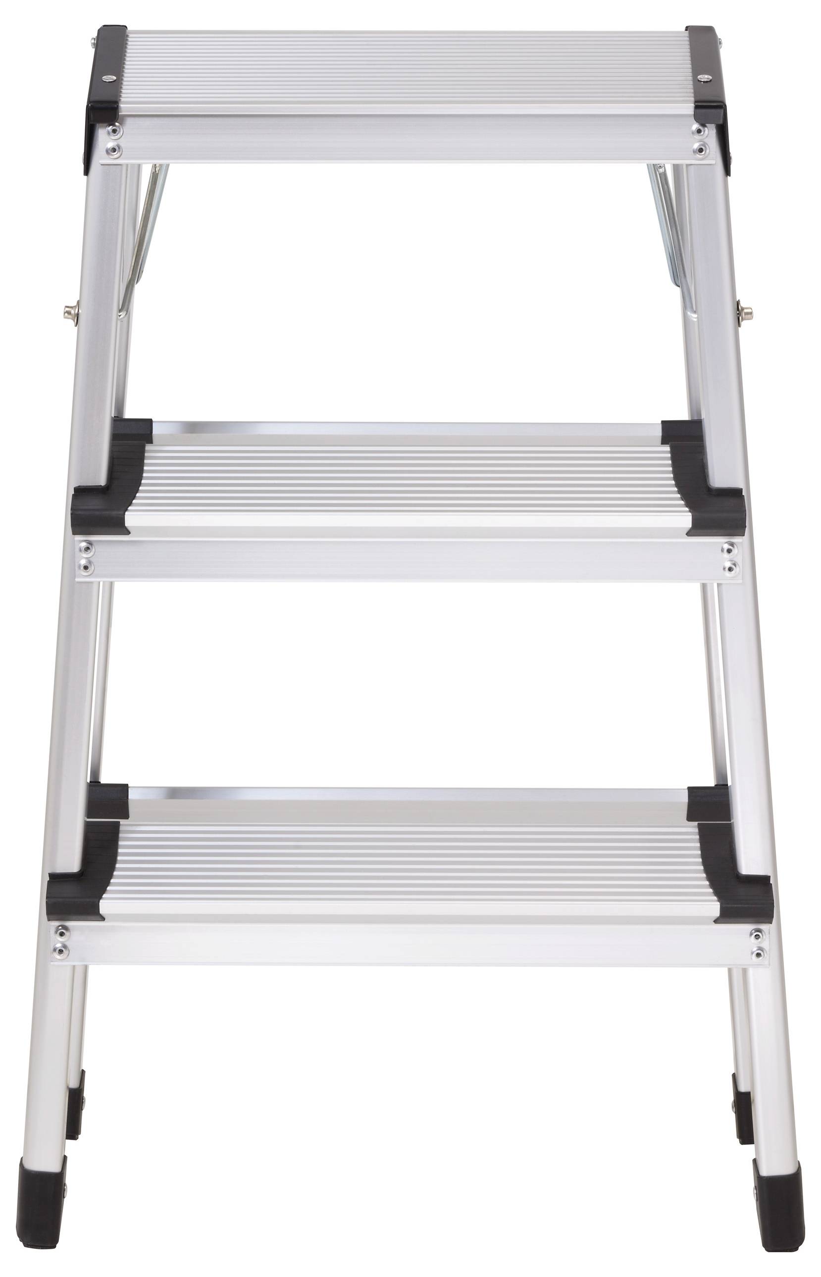 Trojstupňový hliníkový rebrík, postavený a pripravený na použitie, ideálny pre práce v nízkej výške.