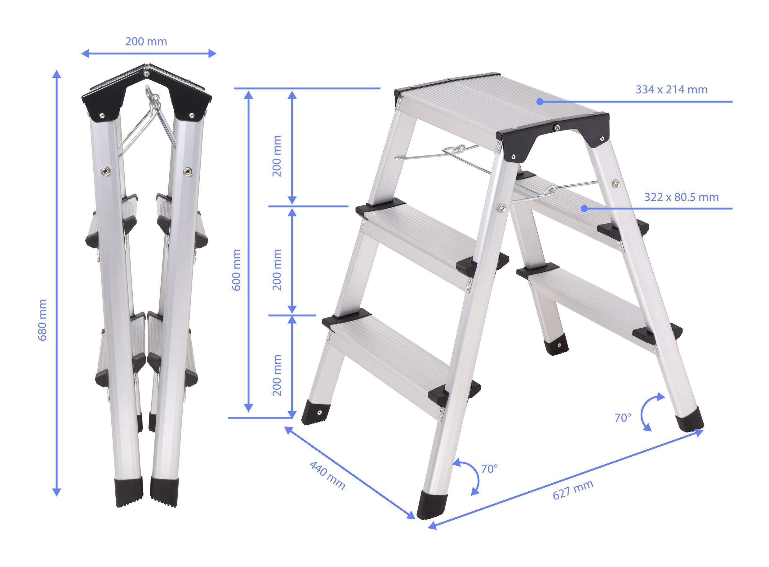 Hliníkový skladací rebrík v zloženej a rozloženej polohe s rôznymi rozmermi v milimetroch pre výšku a šírku.
