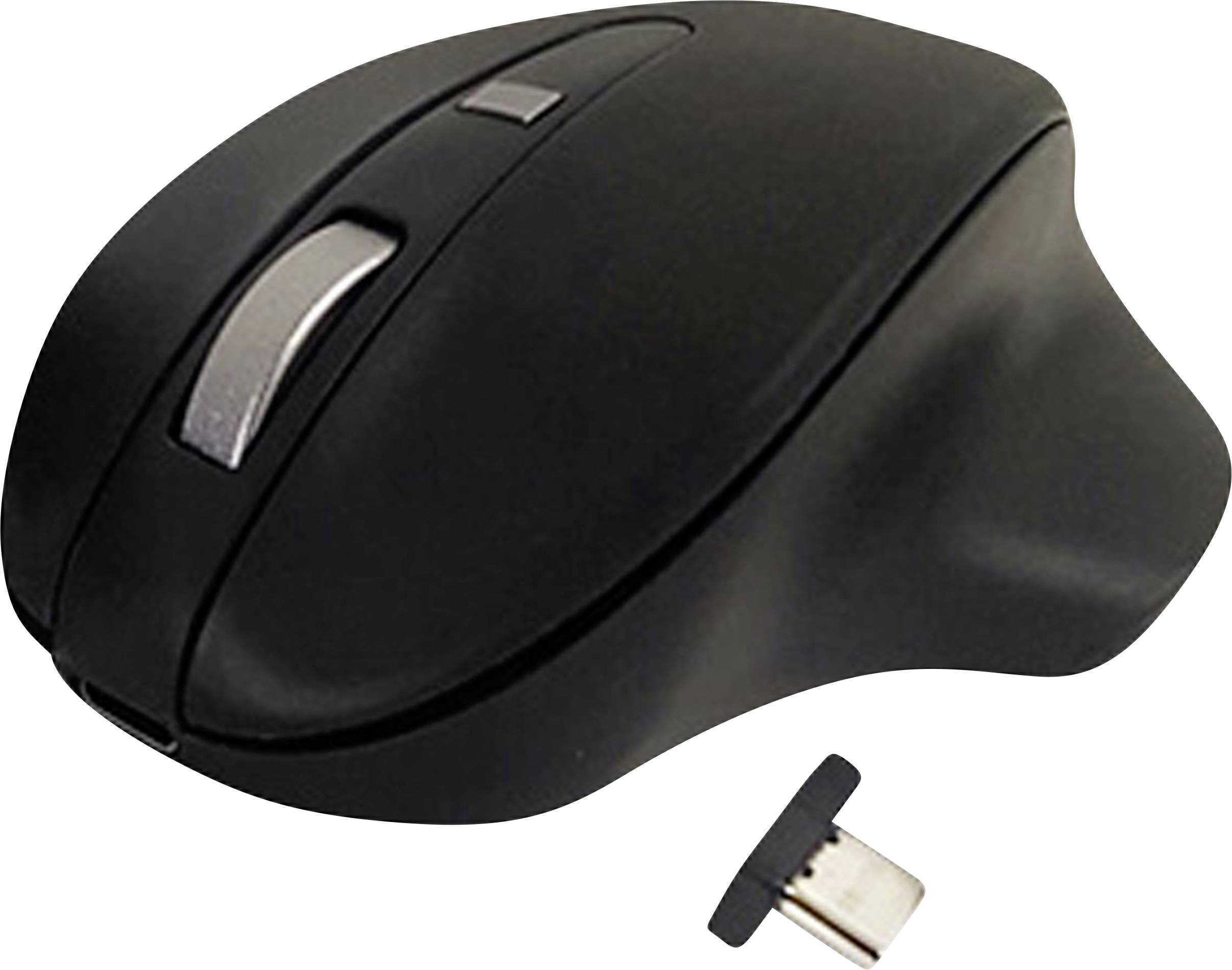 Čierna bezdrôtová počítačová myš s ergonomickým dizajnom, vedľa malého USB prijímača.