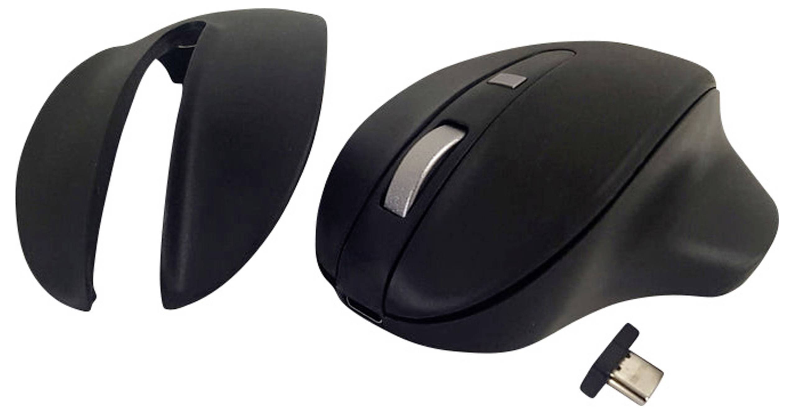 Bezdrôtová ergonomická myš v čiernej farbe s odnímateľnou bočnou časťou a USB prijímačom; poskytuje pohodlie a flexibilitu pri používaní.