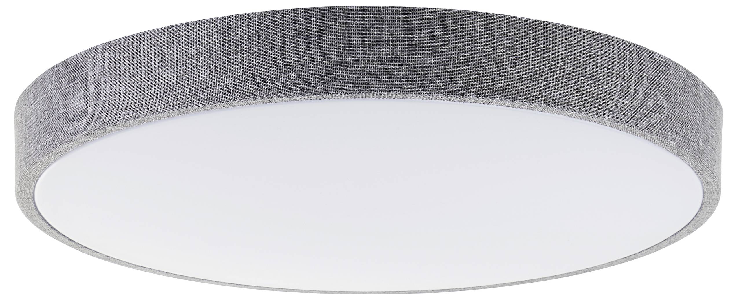 Okruhové stropné svietidlo s šedým textilným rámom a bielym difúzorom, vhodné do moderných obytných priestorov.