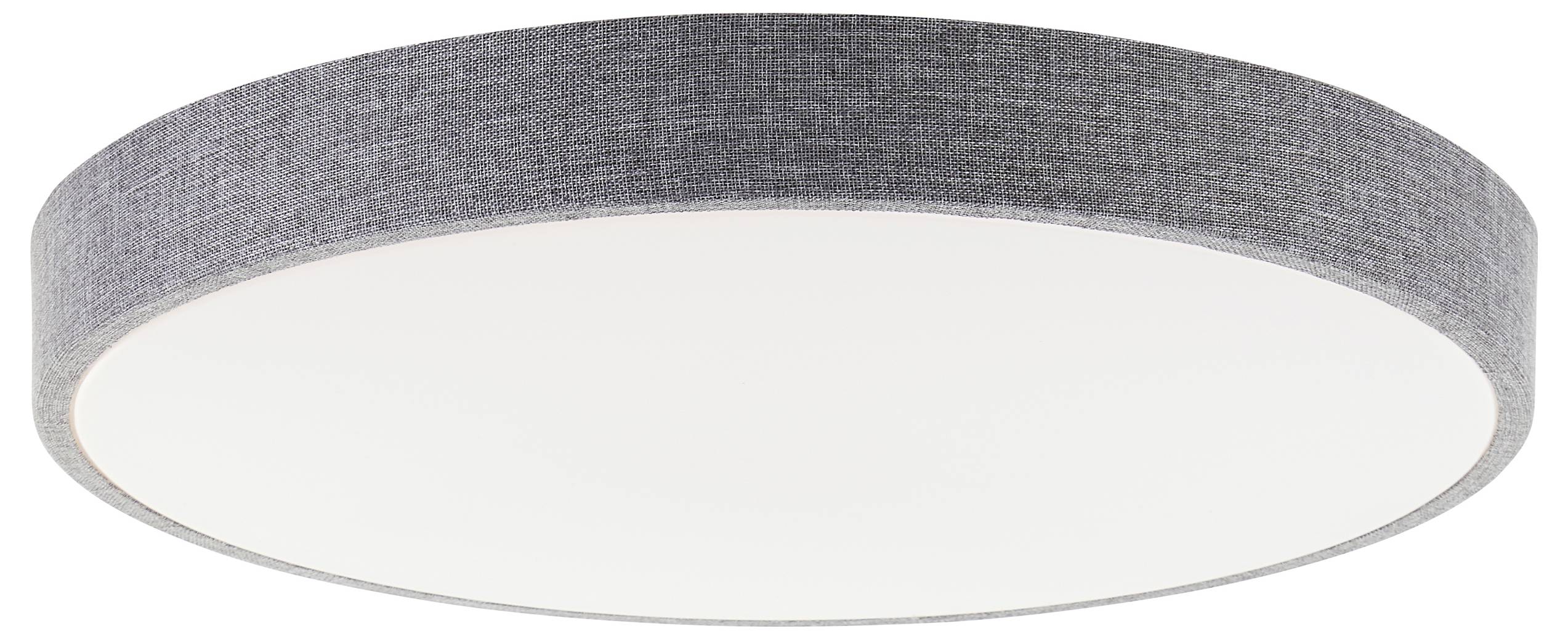 Okrúhle stropné svietidlo so sivým textilným lemom a bielym difúzorom, ktoré poskytuje rovnomerné, jemné svetlo do interiérov.