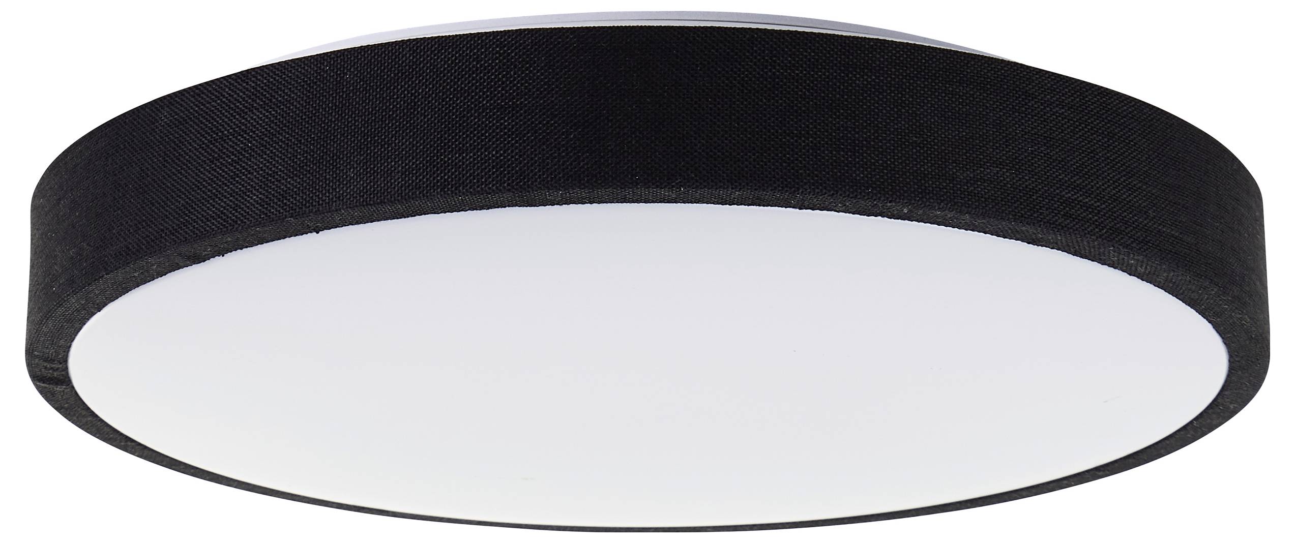 Okrúhle stropné svietidlo s čiernym lemom a bielym krytom.