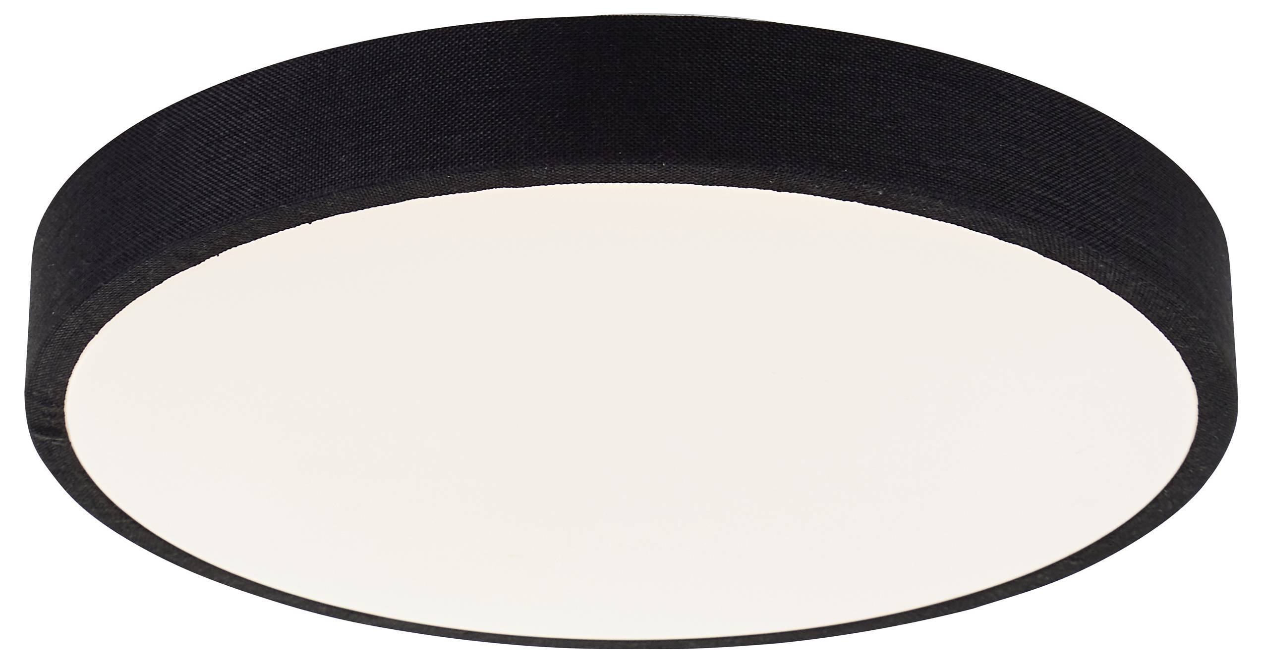 Okruhle, čierne stropné svietidlo s bielym svetelným zdrojom v strede, moderného a minimalistického dizajnu. Vhodné do interiérov.