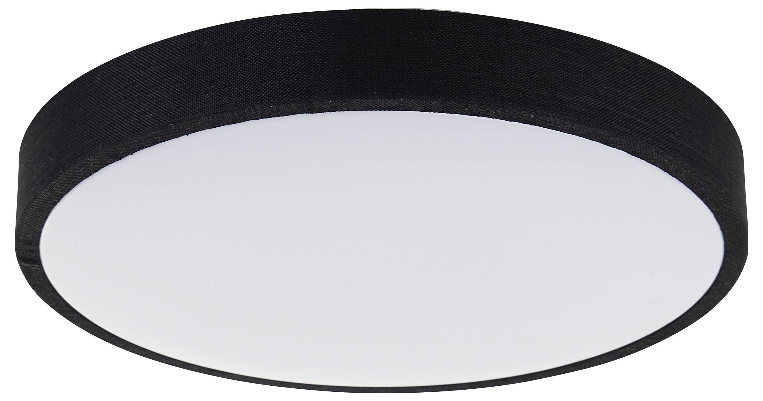 Čierne, okrúhle stropné svietidlo s bielym difúzorom. Minimalistický dizajn pre moderné interiéry.