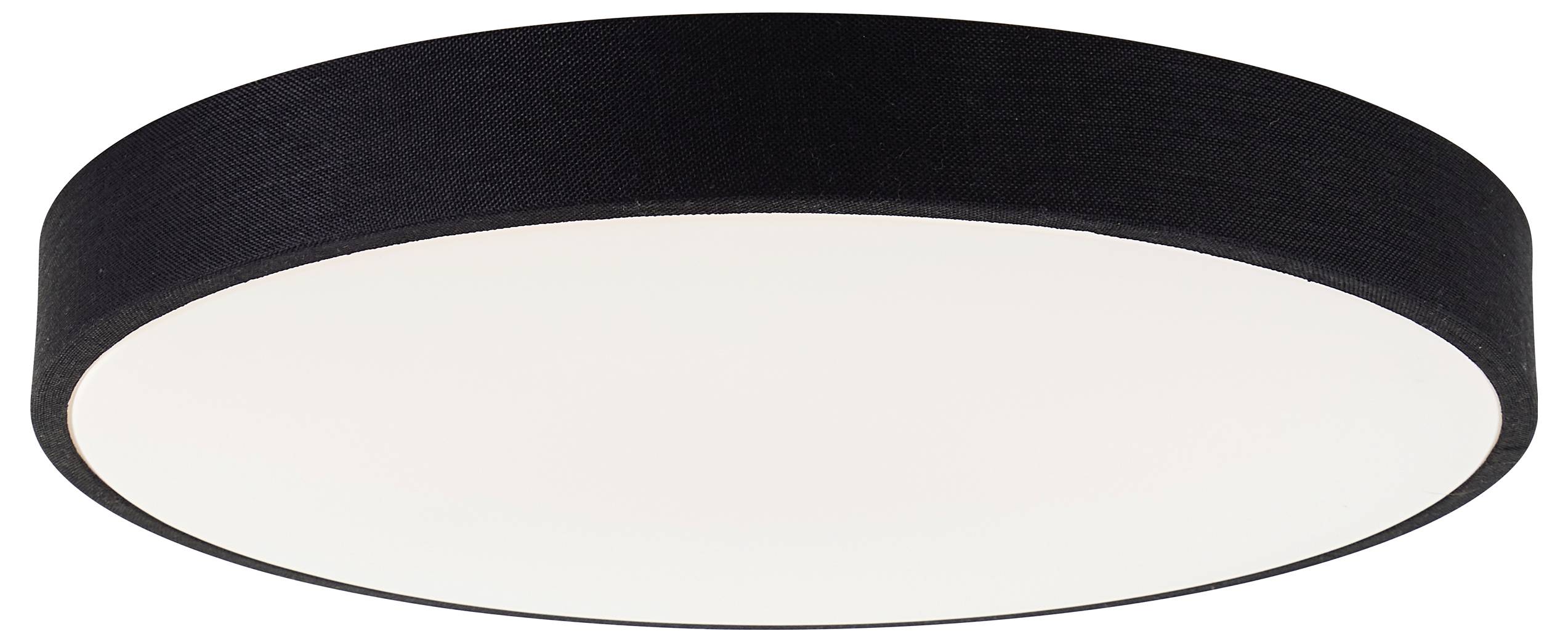 Guľaté stropné svietidlo s čiernym lemom a bielym krytom, ktoré vyžaruje tlmené svetlo. Ideálne pre moderné obytné priestory.