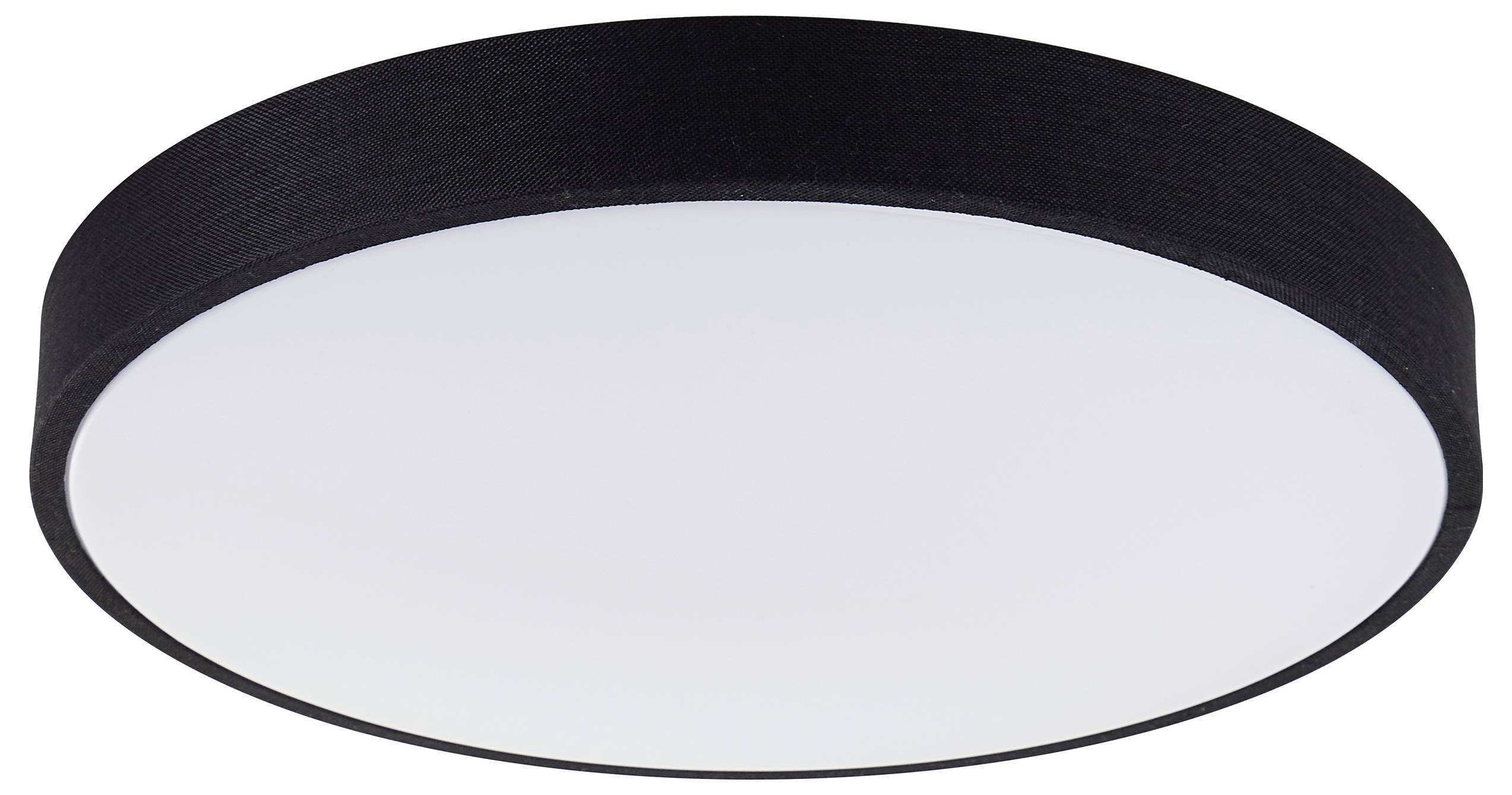 Okrúhle stropné svietidlo s čiernym okrajom a bielym difúzorom, navrhnuté pre rovnomerné osvetlenie.