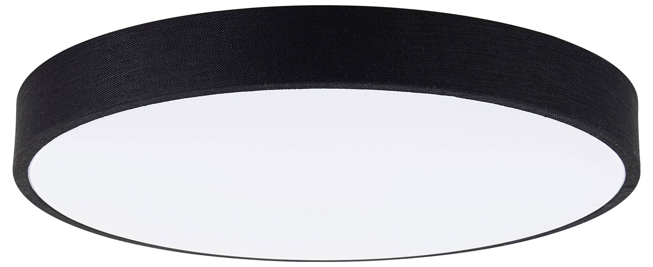 Okruhle stropné svietidlo s čiernym lemom a bielo svietiacou plochou, vhodné do moderných interiérov.