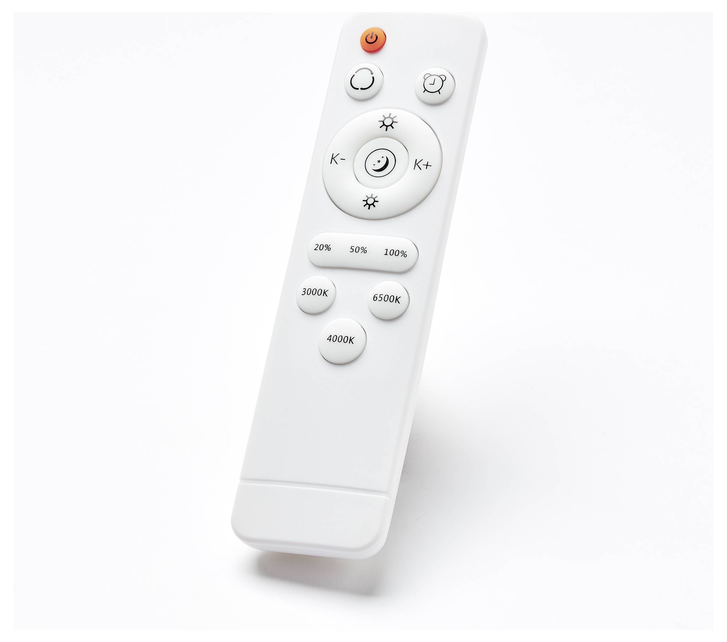 Biela diaľkový ovládač s tlačidlami na nastavenie jasu a farebnej teploty. Hore červené vypínač, pod ním rôzne možnosti výberu.