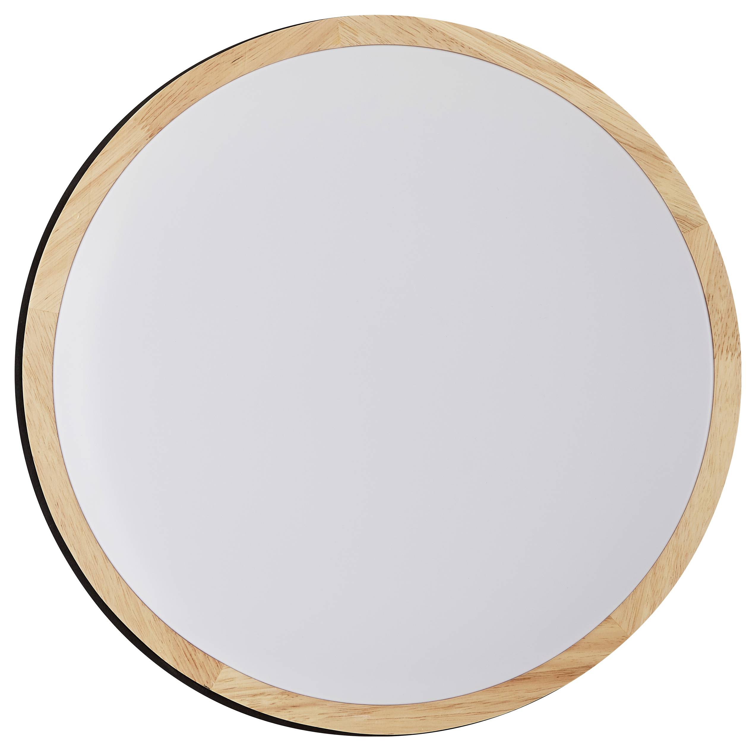 Okrúhle zrkadlo s úzkym, svetlohnedým dreveným rámom.