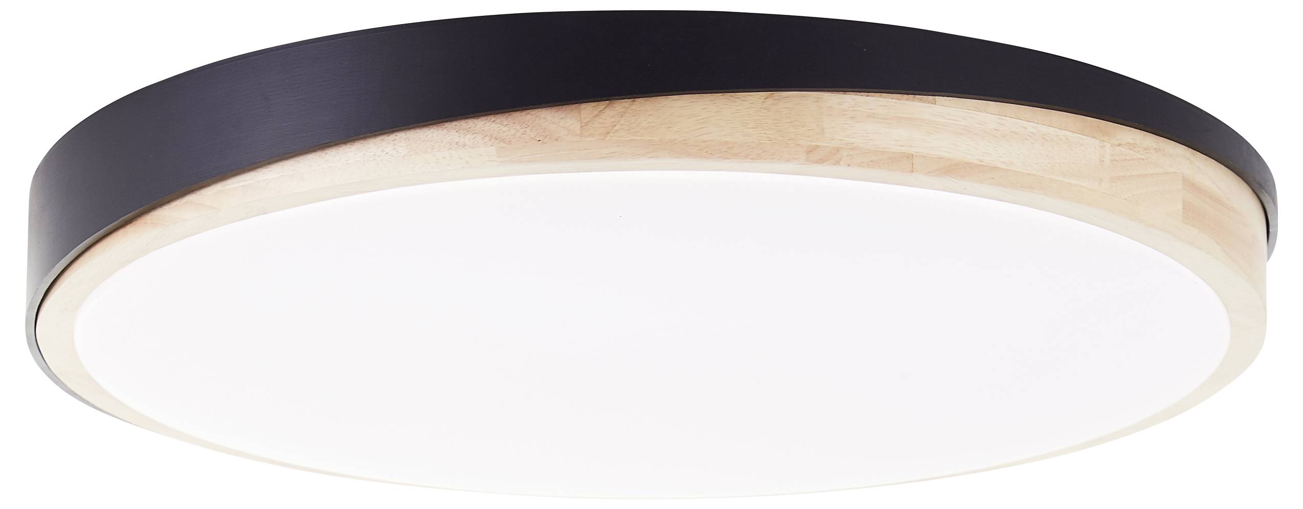 Okruhové stropné svietidlo v čiernej farbe a s dizajnom dreva a bielym difúzorom.