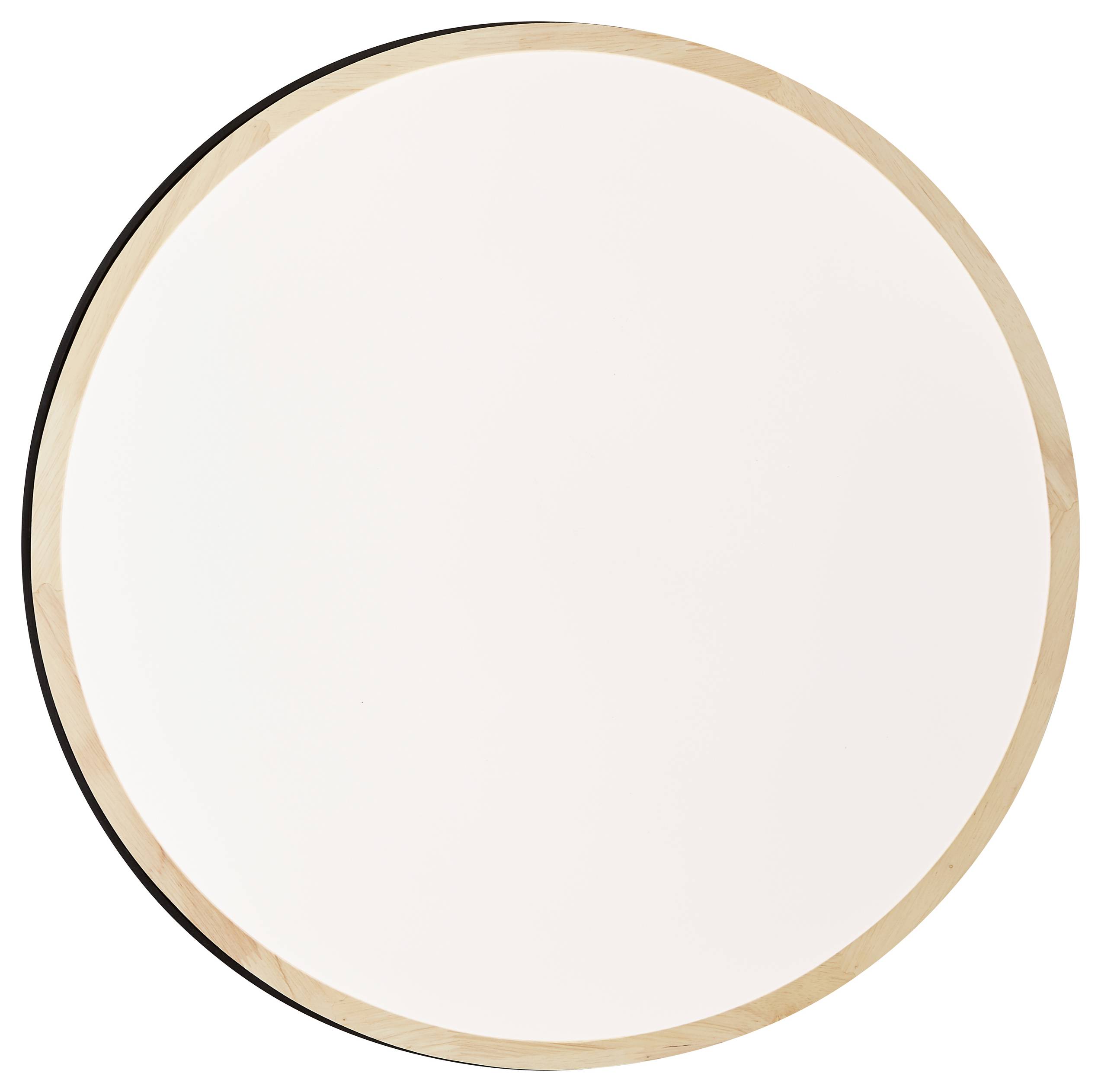 Okrúhle zrkadlo s úzkym dreveným rámom pred bielym pozadím.