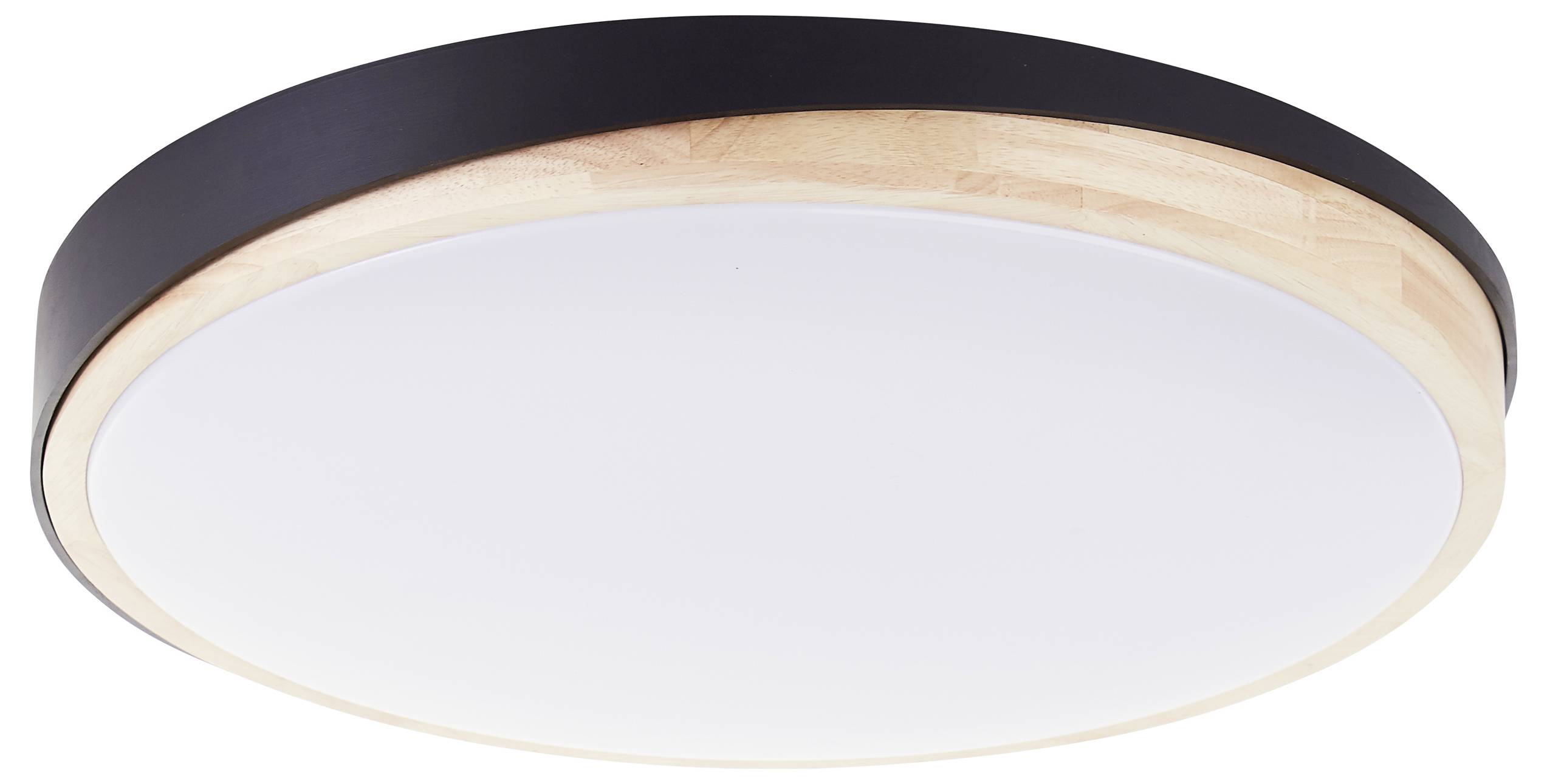 Okrúhle stropné svetlo s čiernym lemom a svetlým dreveným detailom, ktoré prezentuje moderný a minimalistický dizajn.