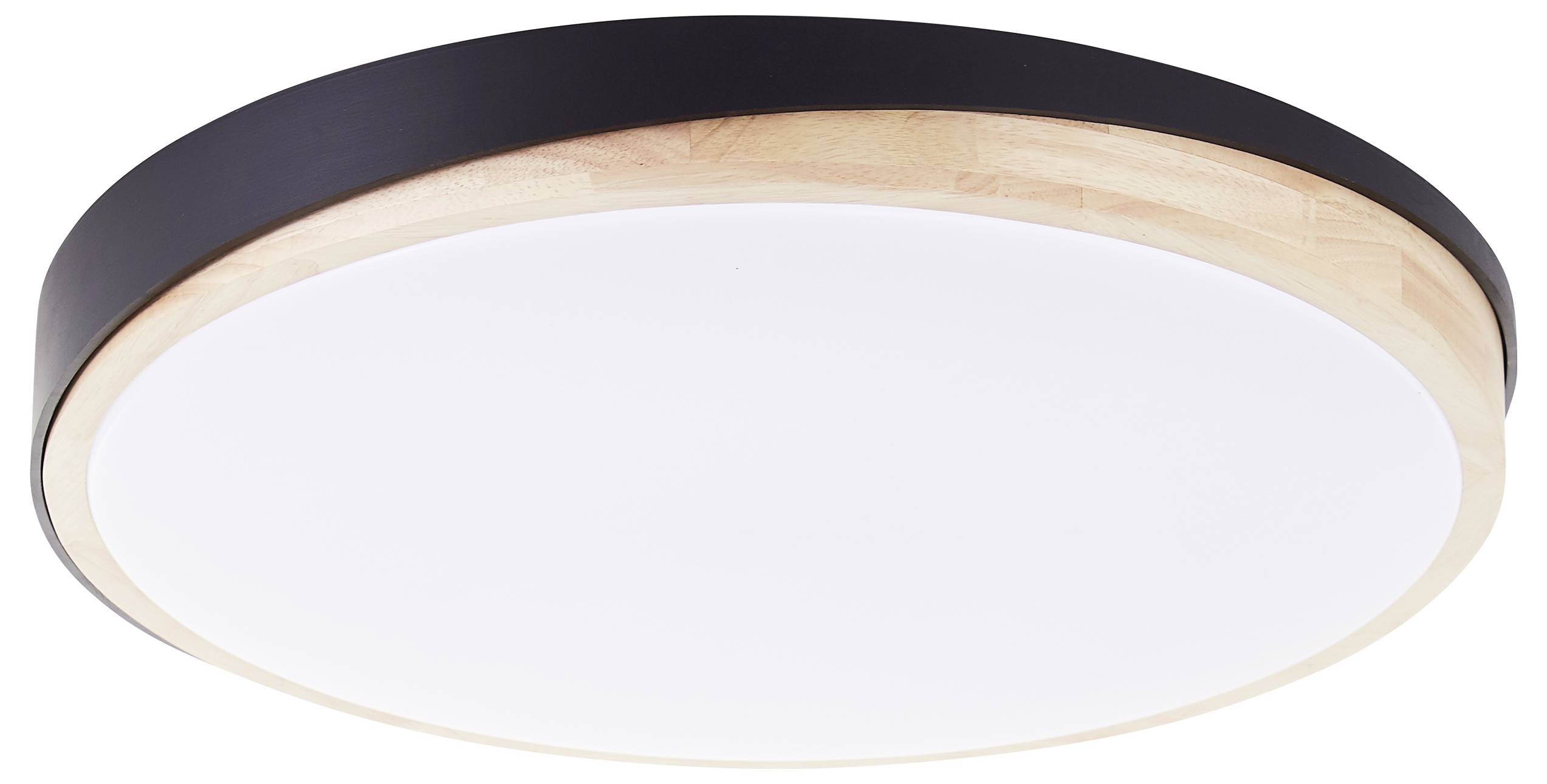 Okrúhle stropné svietidlo z dreva a kovu, moderného dizajnu, s bielym difúzorom pre rovnomerné rozptýlenie svetla.