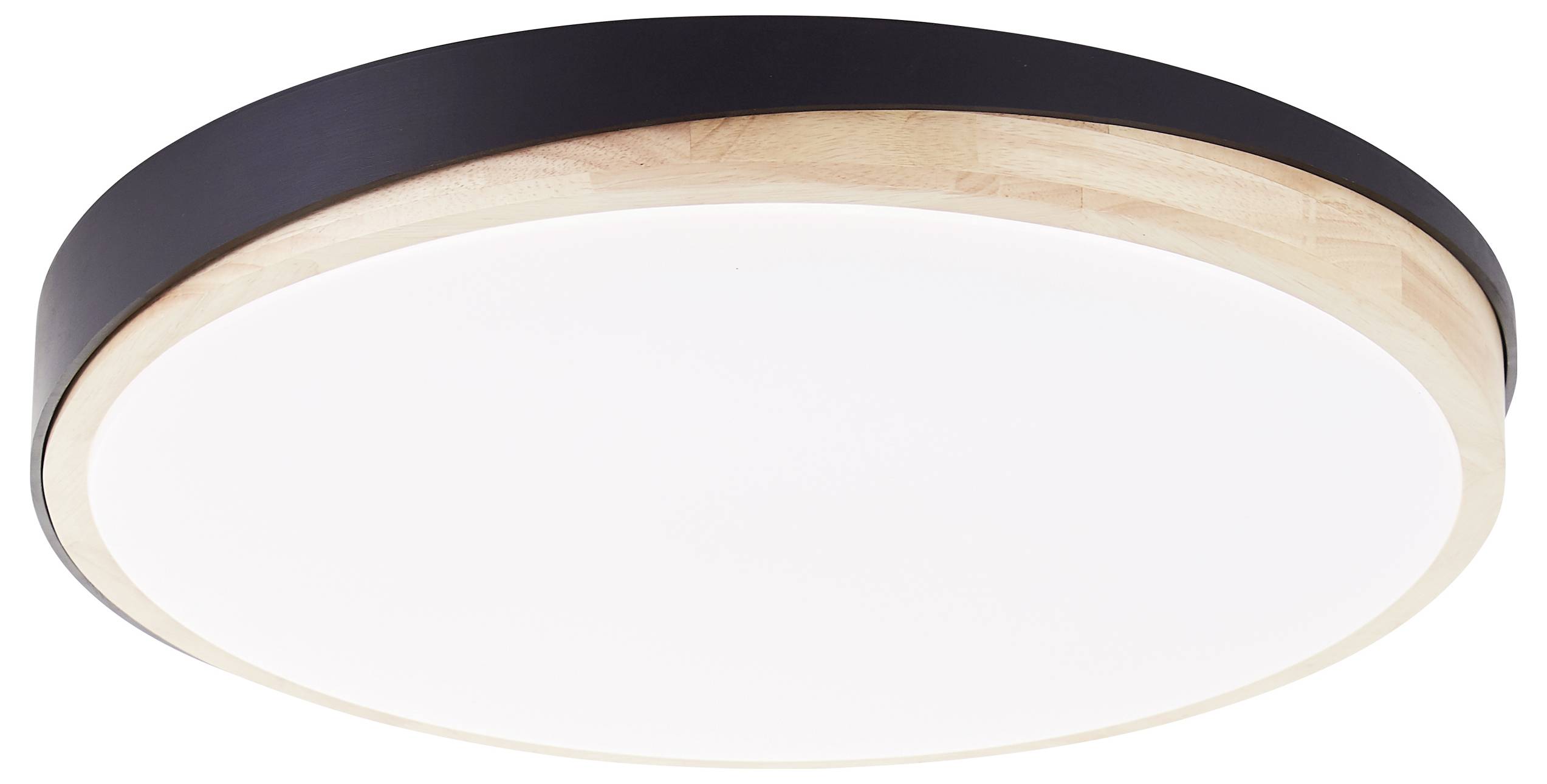 Okrúhle, ploché stropné svietidlo s čiernym lemom a dreveným rámikom. Vyžaruje rovnomerné, difúzne svetlo.