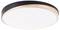 Okrúhle, ploché stropné svietidlo s čiernym lemom a dreveným rámikom. Vyžaruje rovnomerné, difúzne svetlo.