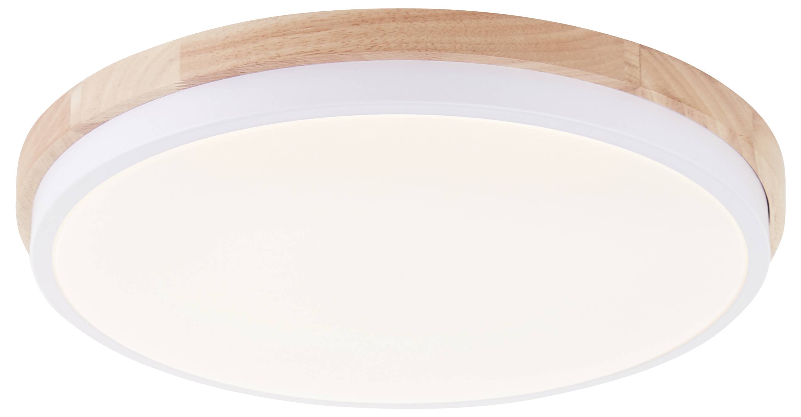 Okrúhle stropné svietidlo s dreveným rámom a bielym telom svietidla. Vyžaruje rovnomerné, teplé biele svetlo.