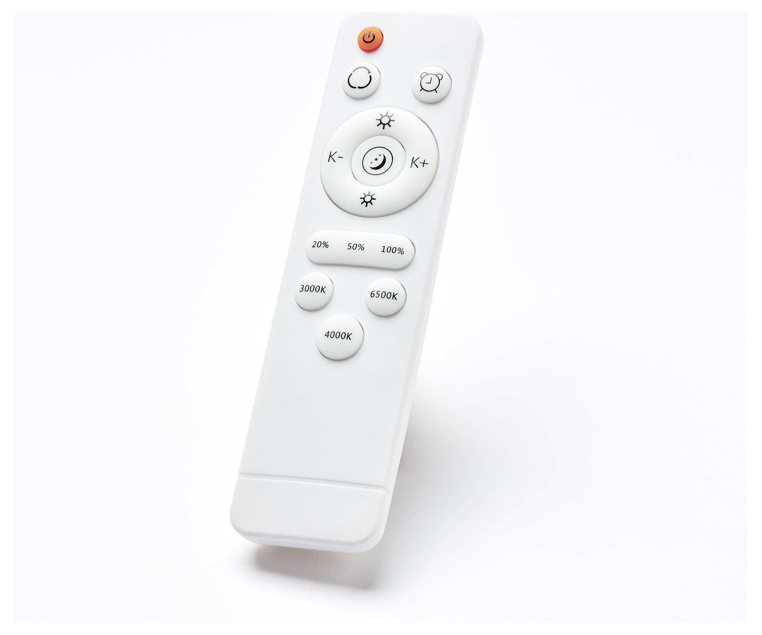 Biela diaľkový ovládač s tlačidlami na nastavenie jasu a farebnej teploty.