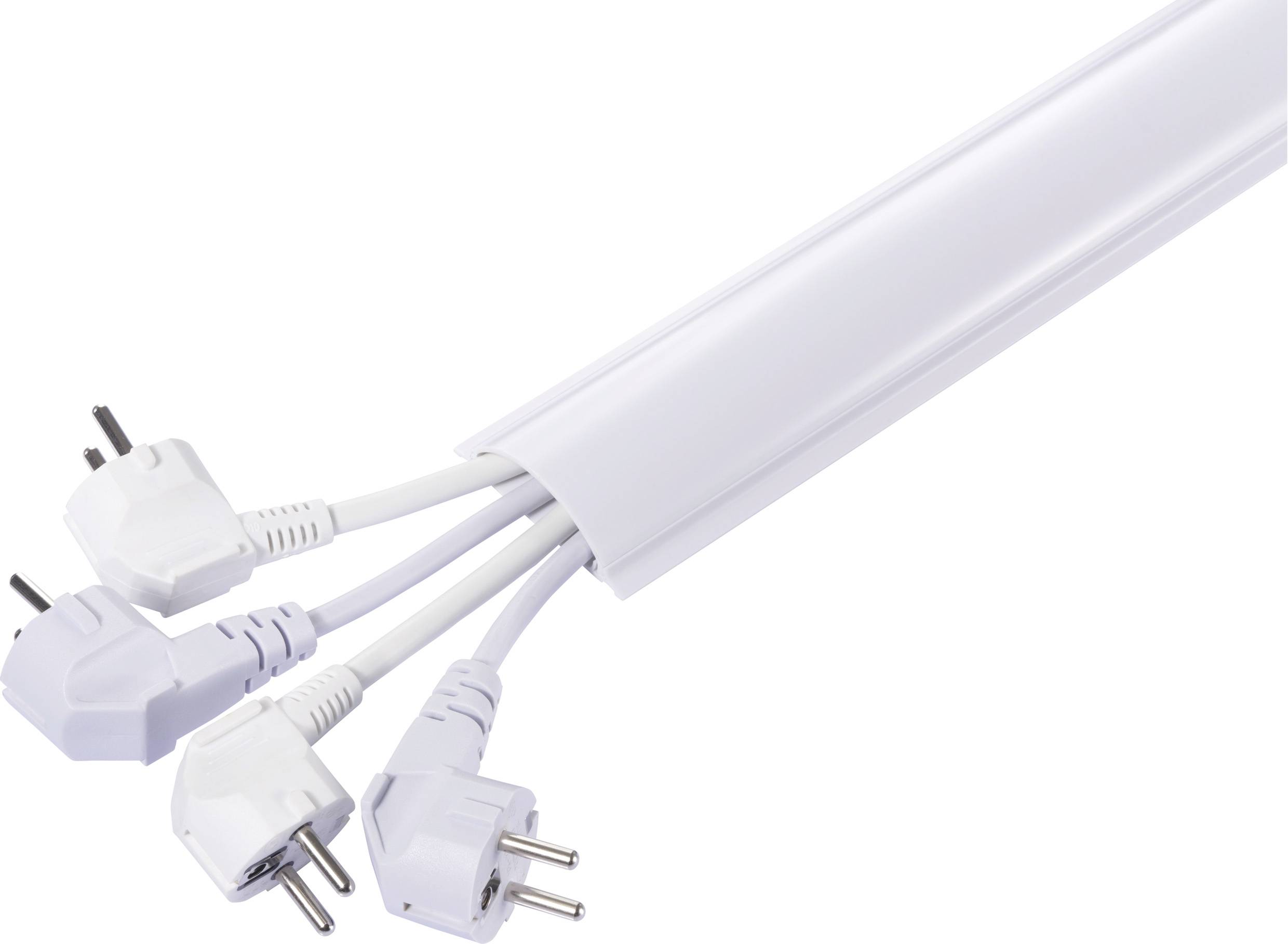 Štyri biele eurozostrihové káble vedú úhľadne cez biely kryt kabelového kanála, ktorý ich organizuje a chráni.