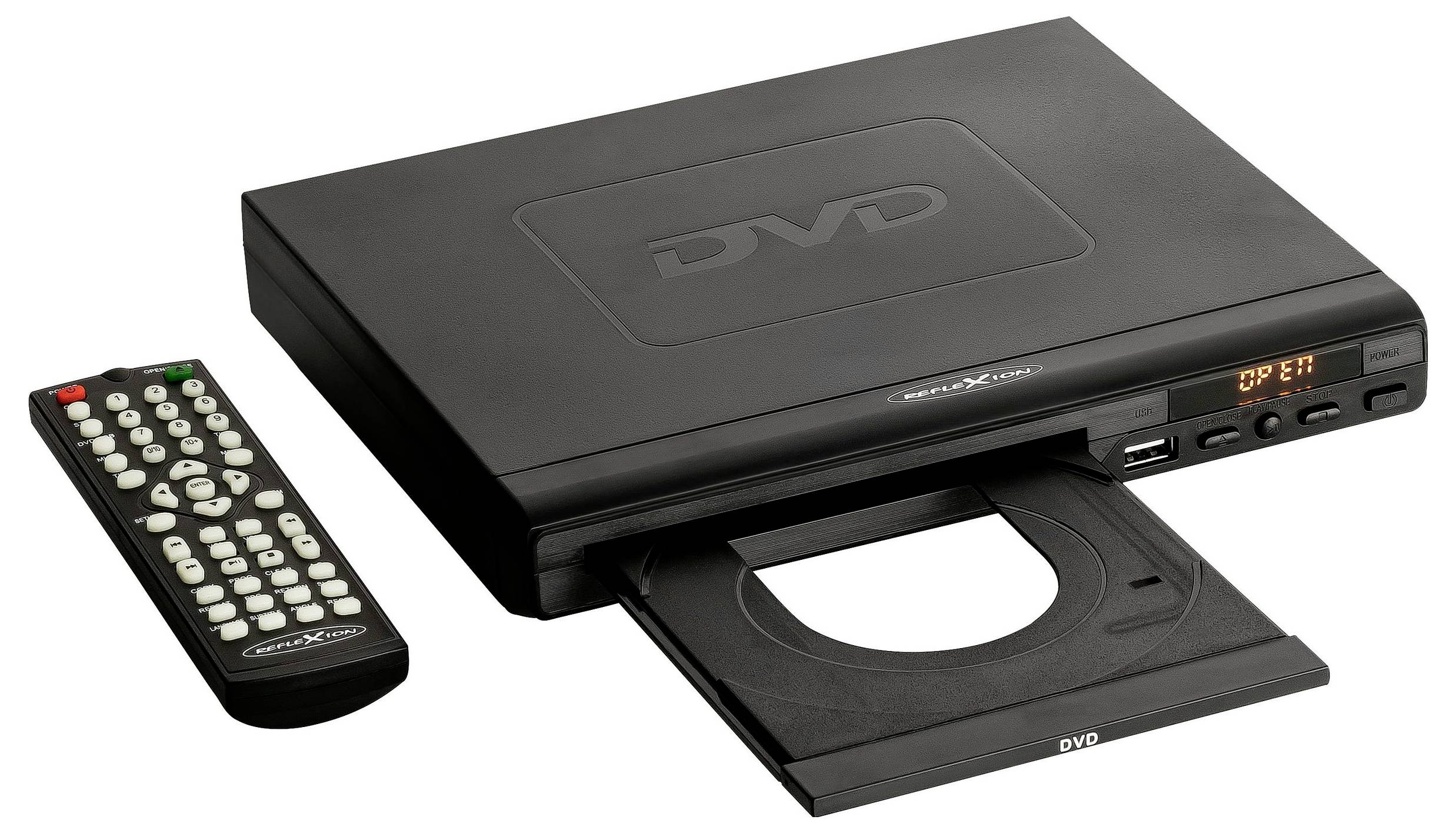 Čierny prehrávač DVD s otvorenou zásuvkou na disk a diaľkovým ovládačom na bielom pozadí.