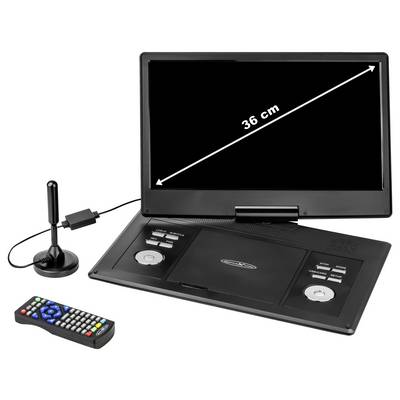 Prenosný DVD prehrávač s 36 cm displejom znázornený otvorený s diaľkovým ovládačom a anténou, čo naznačuje kompaktné zariadenie na prehrávanie médií.