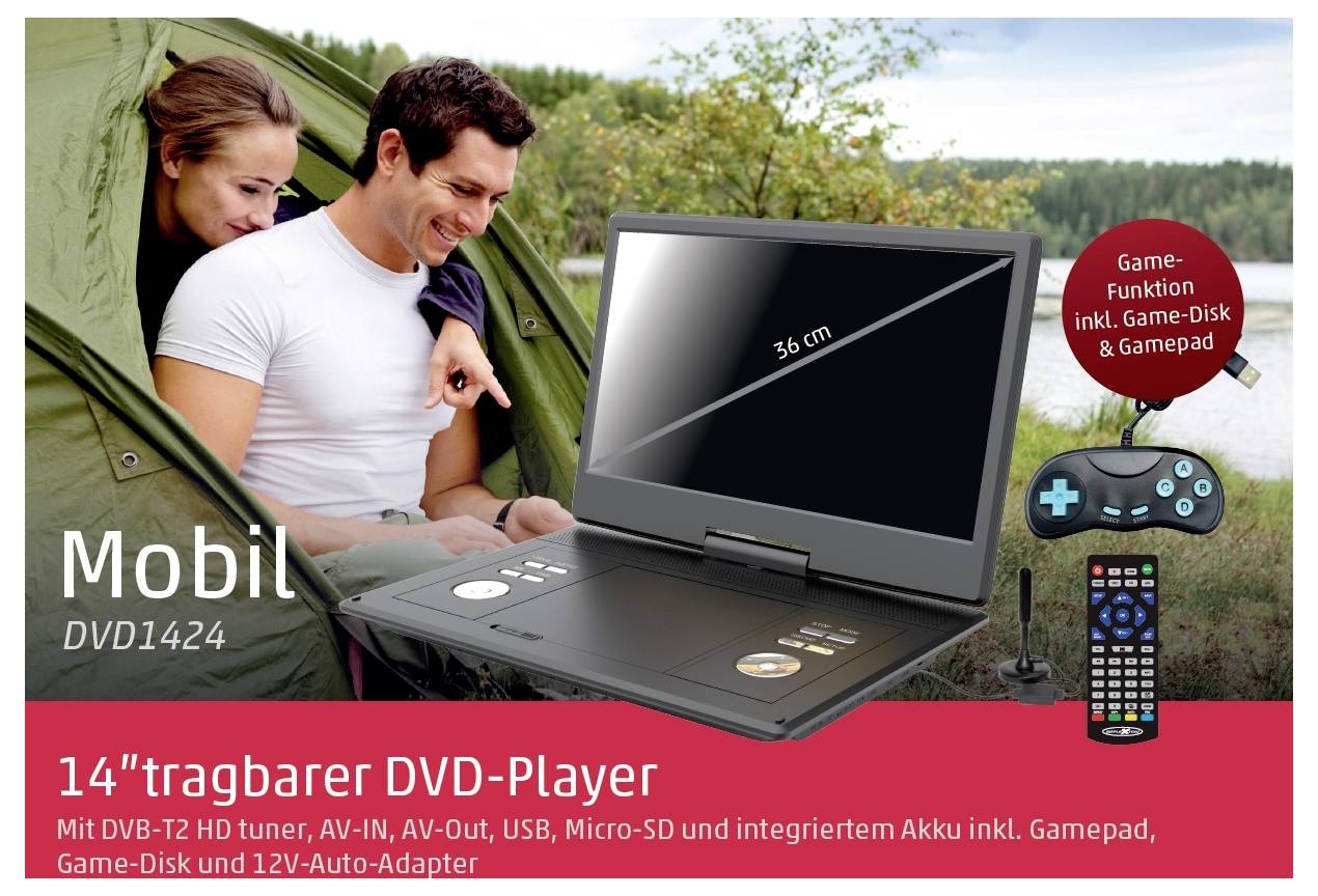 Reklamná grafika prenosného 14-palcového DVD prehrávača "Mobil DVD1424" s rozloženým zariadením, diaľkovým ovládačom a herným ovládačom; upozornenie na "herné funkcie" a 36 cm obrazovku.