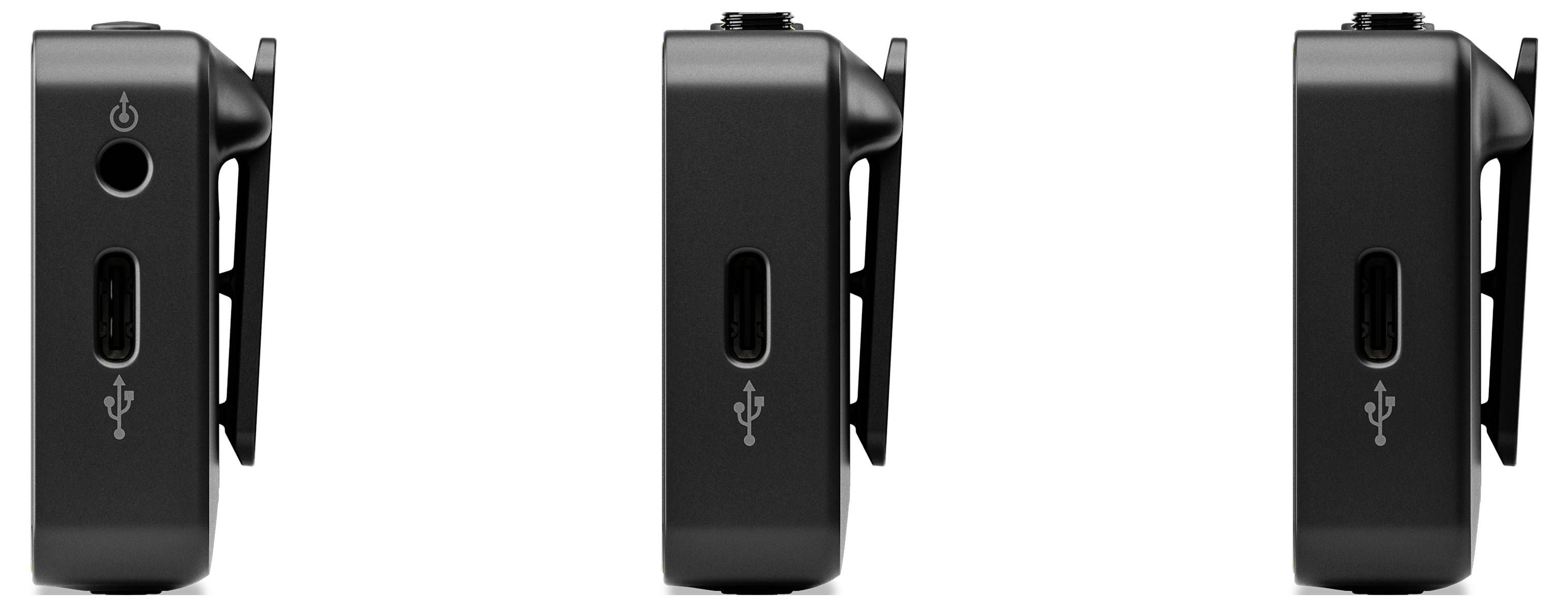 Tri čierne elektronické zariadenia s USB-C portami a napájacími symbolmi na prednej strane, vedľa seba v rade.