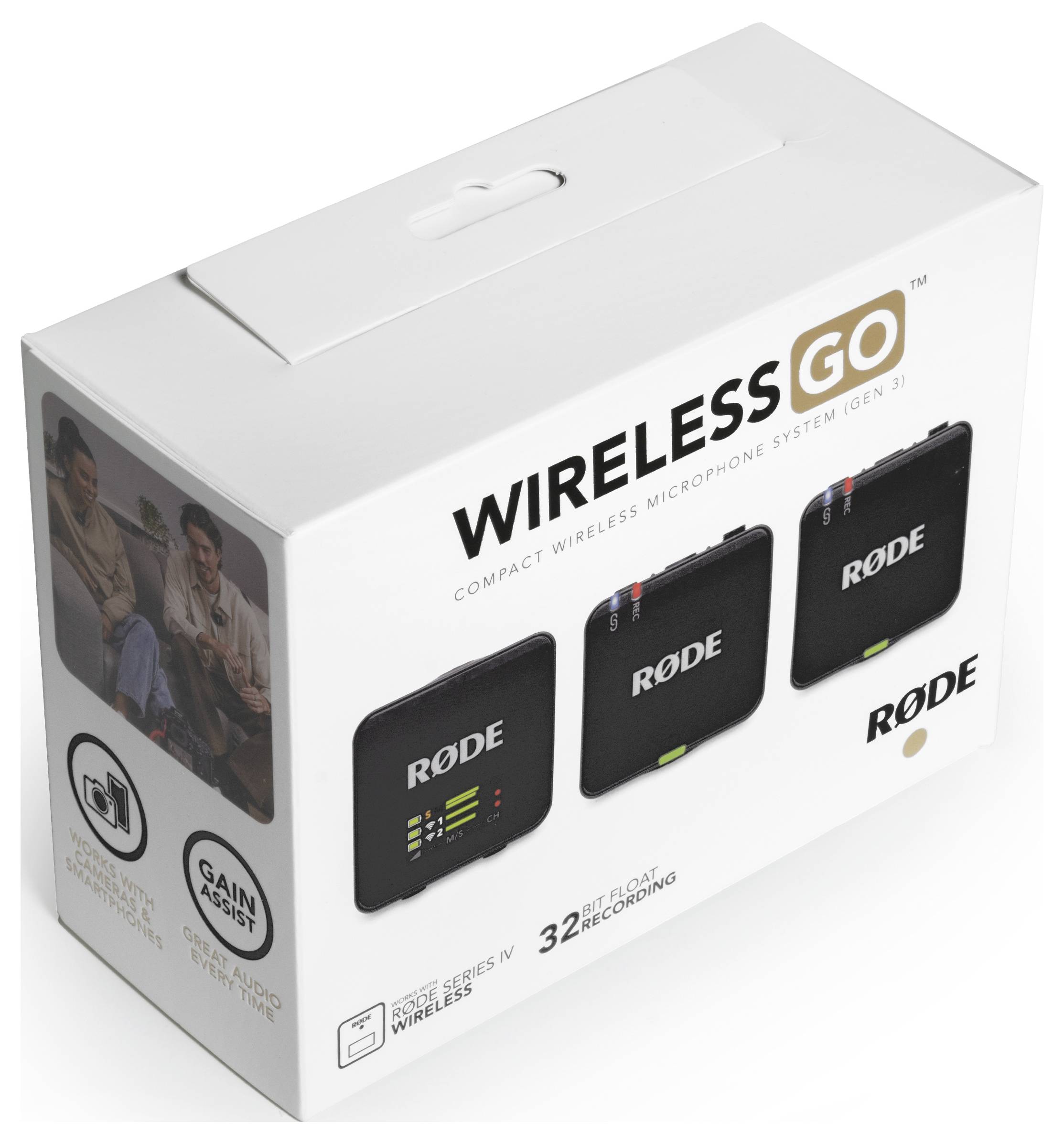 Bezdrôtový mikrofonový systém 'Wireless GO' od spoločnosti Rode v bielom balení. Obsahuje dva vysielače a jeden prijímač. Kompaktný a vhodný pre bezdrôtové nahrávanie.