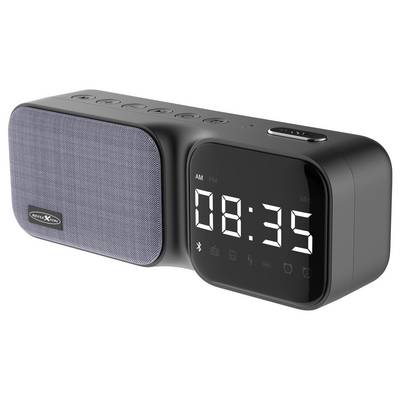 Digitálne hodiny s bluetooth reproduktorom, zobrazujúce čas '08:35', s indikátormi pripojenia a hlasitosti, v obdĺžnikovom dizajne.
