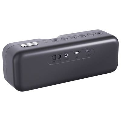 Čierny prenosný reproduktor s ovládacími tlačidlami na vrchu, bočným vypínačom, AUX vstupom, slotom na microSD kartu a USB-C nabíjacím portom.