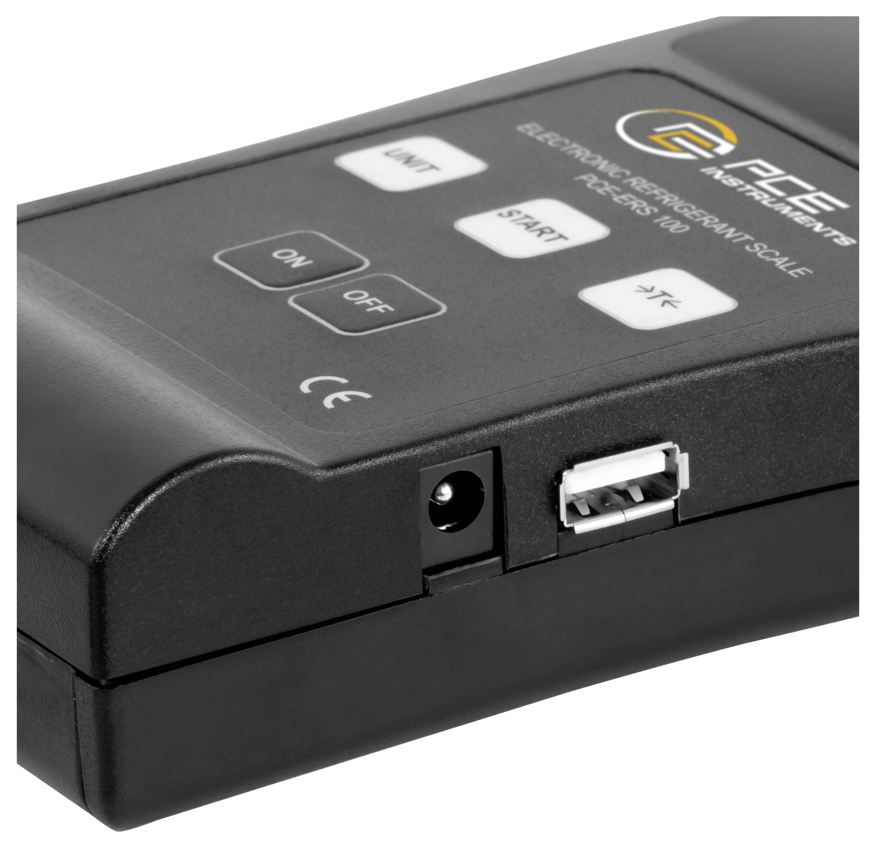 Čierna prenosná elektronická váha s napájacou jednotkou, tlačidlami ON/OFF, tlačidlom jednotky a štartovacím tlačidlom, plus napájací a USB porty na boku.