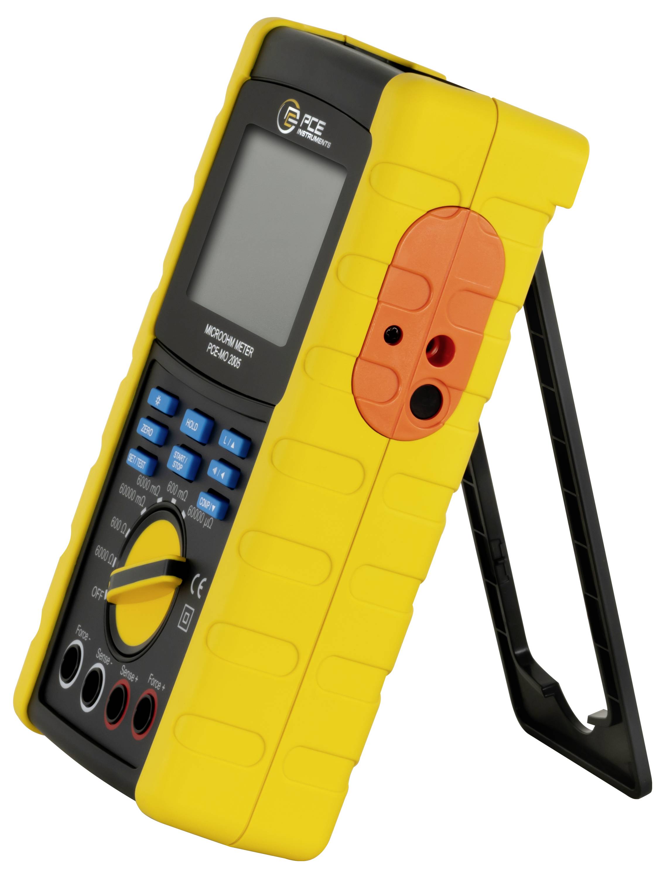 Žltý prenosný digitálny multimeter s displejom, klávesnicou, testovacími portmi a čiernym stojanom, zobrazený na bielom pozadí.