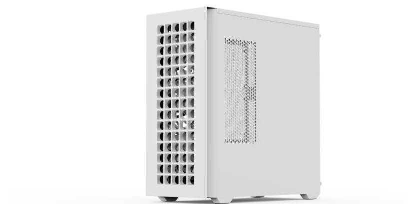 Elegantná biela počítačová skrinka s mriežkovaným bočným panelom a viacerými ventilačnými otvormi na ľavej prednej strane pre zlepšené prúdenie vzduchu.